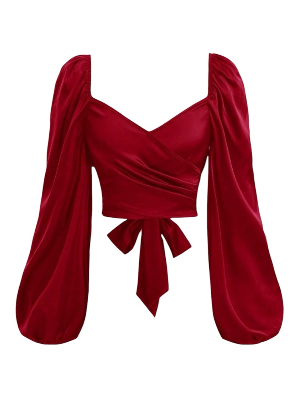 SHEIN Red Puff Sleeve Wrap Tie-Front Crop Top